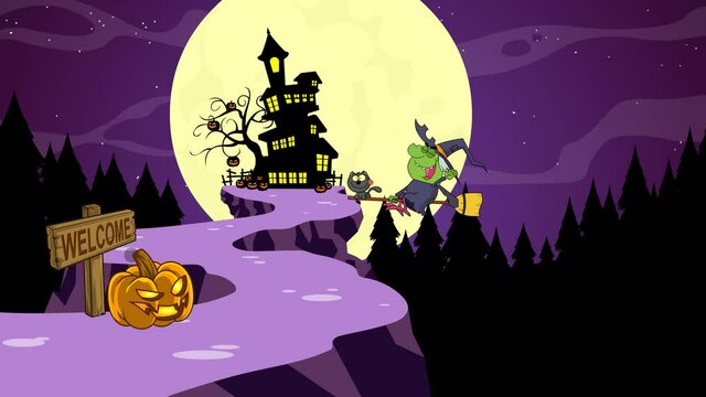Halloween Witch And Cat Flying On A Broom Stick. 4K Animation Video Motion Graphics With Landscape Background