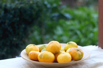 Wooden bowl with tangerines in a garden. Selective focus.
