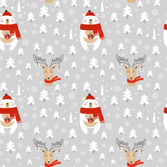Seamless pattern with christmas bear and deer. Vector