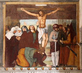 Gesù muore in croce; affresco nel santuario di Santa Maria a Baselga di Bresimo (Trentino)