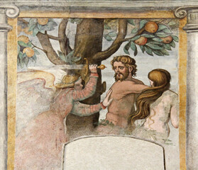 Adamo ed Eva cacciati dall'Eden; affresco nel santuario di Santa Maria a Baselga di Bresimo...