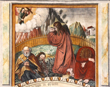 Ges&ugrave; prega nel Getsemani; affresco nel santuario di Santa Maria a Baselga di Bresimo (Trentino)
