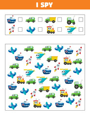 I spy educational game for preschool kids. Learn count. Transportation theme. Printable activity worksheet.