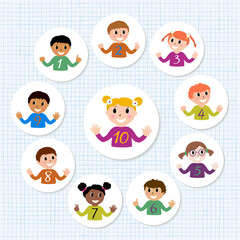 Set of round icons happy children show the number with their fingers. Kids educational material. Vector illustration.