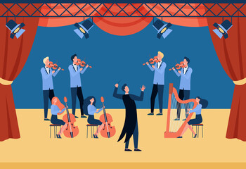 Conductor and musicians standing on theater stage flat vector illustration. Cartoon people playing violin, cello and harp. Symphony orchestra and classical music concert concept © PCH.Vector