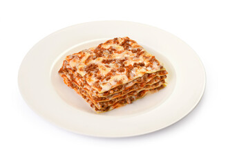 Lasagna Bolognese in the plate, isolated on white background