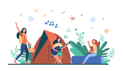 Women having rest and singing songs near tent. Trip, nature, leisure. Flat vector illustration. Camping concept can be used for presentations, banner, website design, landing web page