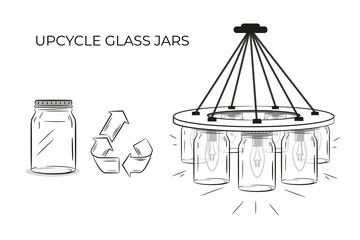 A chandelier made from empty glass jars. Upcycling glass jars. Vector isolated on a white background.	