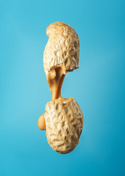 Peanut butter flows out of the broken peanuts on a blue background.