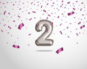 Happy 2nd birthday with realistic foil balloons text on silver background and purple confetti. Set for Birthday, Anniversary, Celebration Party. Vector stock.