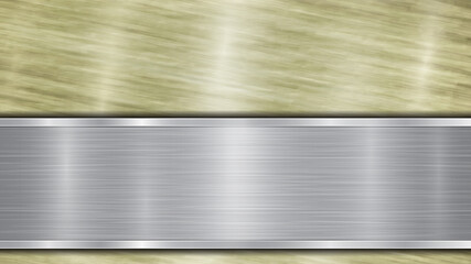 Background consisting of a golden shiny metallic surface and one horizontal polished silver plate located below, with a metal texture, glares and burnished edges