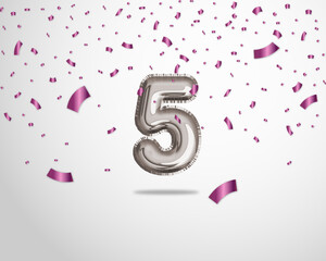 Happy 5th birthday with realistic foil balloons text on silver background and purple confetti. Set for Birthday, Anniversary, Celebration Party. Vector stock.