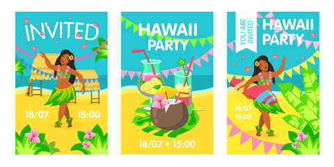 Hawaii invitation card with woman on beach. Hawaii, cocktail, surfing, party. Vector illustration can be used for invitations, posters, advertising