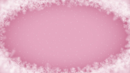 Christmas background of snowflakes of different shape, blur and transparency, arranged in a ellipse, on pink background