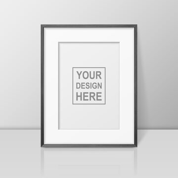 Vector 3d Realistic A4 Black Wooden Simple Modern Frame on a Glossy White Shelf or Table with Reflection Against a White Wall. It can be used for presentations. Design Template for Mockup, Front View