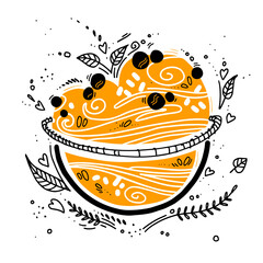 granola in a bowl in doodle style with on white. breakfast organic food muesli. healthy food concept. oatmeal porridge. hipsters lifestyle.