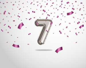 Happy 7th birthday with realistic foil balloons text on silver background and purple confetti. Set for Birthday, Anniversary, Celebration Party. Vector stock.
