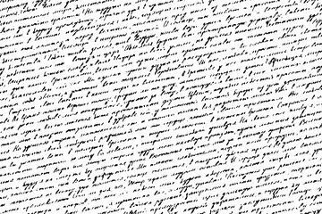Vintage ink-written illegible letter texture. Monochrome background of an old unreadable handwritten manuscript with slanted diagonal lines. Overlay template. Vector illustration