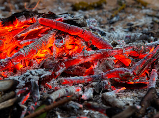 Hot coals close in a dying fire