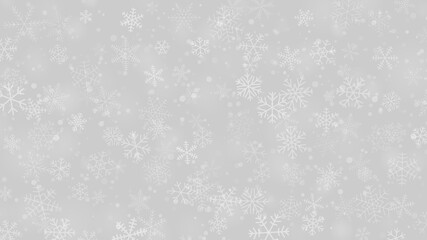 Fototapeta na wymiar Christmas background of snowflakes of different shapes, sizes and transparency in gray and white colors
