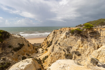 unas vistas de la bella playa de Mazagon, situada en la provincia de Huelva,España.Con sus acantilados,pinos ,vegetacion y un cielo con nubes