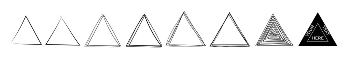 Set of hand drawn pen and pencil black triangle, delta, trigon. Abstract frame sketch on white background. Continuous line art doodle vector illustration