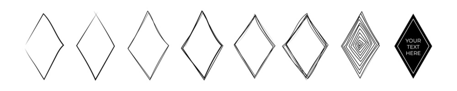 Set of hand drawn pen and pencil black rhombus. Rhomb frame sketch on white background. Continuous line art doodle vector illustration