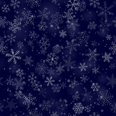 Christmas seamless pattern of snowflakes of different shapes, sizes and transparency, on dark blue background