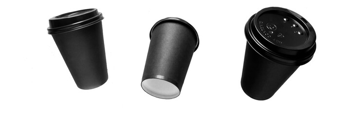 on a white background, three paper disposable black coffee cups with lids in different positions. glass flight