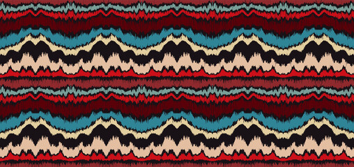 Ikat border. Geometric folk ornament. Ink on clothes. Tribal vector texture. Seamless striped pattern in Aztec style. Ethnic embroidery. Indian, Scandinavian, Gypsy, Mexican, African rug.