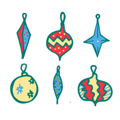 Hand drawn Christmas ball icon isolated. Vector sketch green, red, blue and gold doodle illustration.