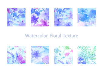 幻想的な水彩花柄の素材セット　アイコン　青紫