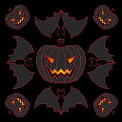 glowing pumpkin halloween pumpkin for celebration, bat, holiday traditions, lineart, dark set, helloween card. pattern