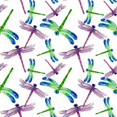 Watercolor hand drawn different color dragonflys in seamless pattern on white background. Design for textile, wallpaper, backgrounds and packaging. Raster multicolor illustration.