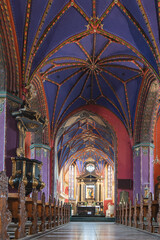 Colorful interior of the catholic cathedral church in the old town in Bydgoszcz, Poland.
