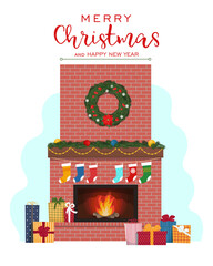 Christmas fireplace with gift boxes. Merry Christmas and Happy New Year greeting card. Vector illustration in flat style