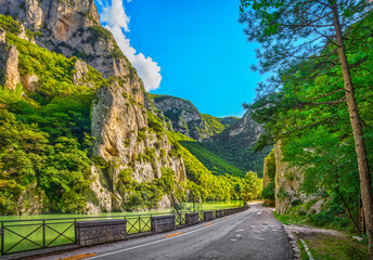 Furlo Pass or Gola del Furlo, road, river and gorge on the ancient Roman road Via Flaminia. Marche...