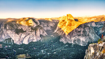 Yosemite Valley with Illuminated Half Dome at Sunset, View from Glacier Point, Yosemite National Park