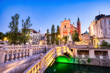 Ljubljana City Center at Dusk overlooking the Triple Bridge and Beautiful Franciscan Church