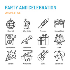 Party and celebration in outline icon and symbol set