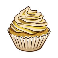 Vanilla cupcake with cream. Sweet cupcake with cream cheese frosting. Cream brulee, banana, vanilla, caramel or coconut flavor pastry. Vector illustration.
