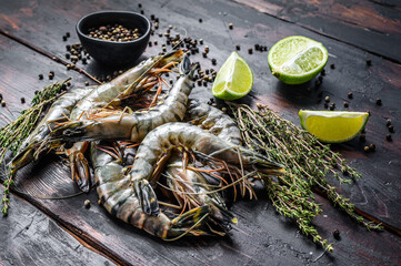 Fresh tiger shrimps, prawns with spices and herbs. Black woodenbackground. Top view