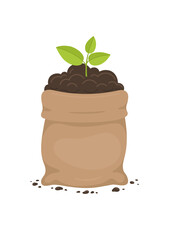Young plant growth from  gunny sack full of soil. Farming and agriculture illustration. 