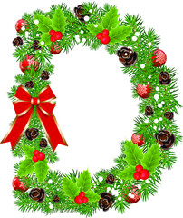 Letter D with decoration for Christmas design and New Year with spruce tree and holly red berries. Creative initial D letter vector. Creative Design vector Font for Title, Header, Lettering, Logo