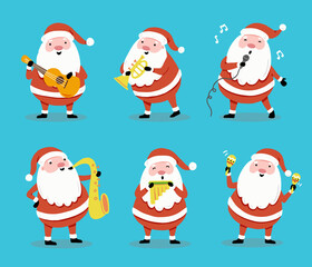 Set of cartoon Santa Claus in different poses with musical instrument for christmas banner, greeting card illustration. Santa character collection.