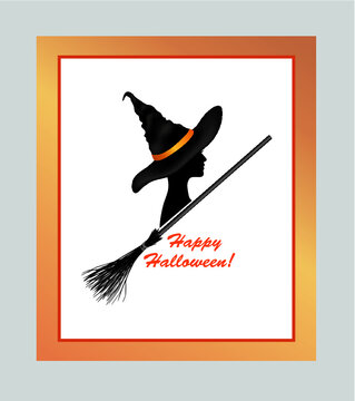 Halloween holiday greeting card with lettering Happy Halloween and beautiful woman profile in witch hat and bats silhouettes over white background