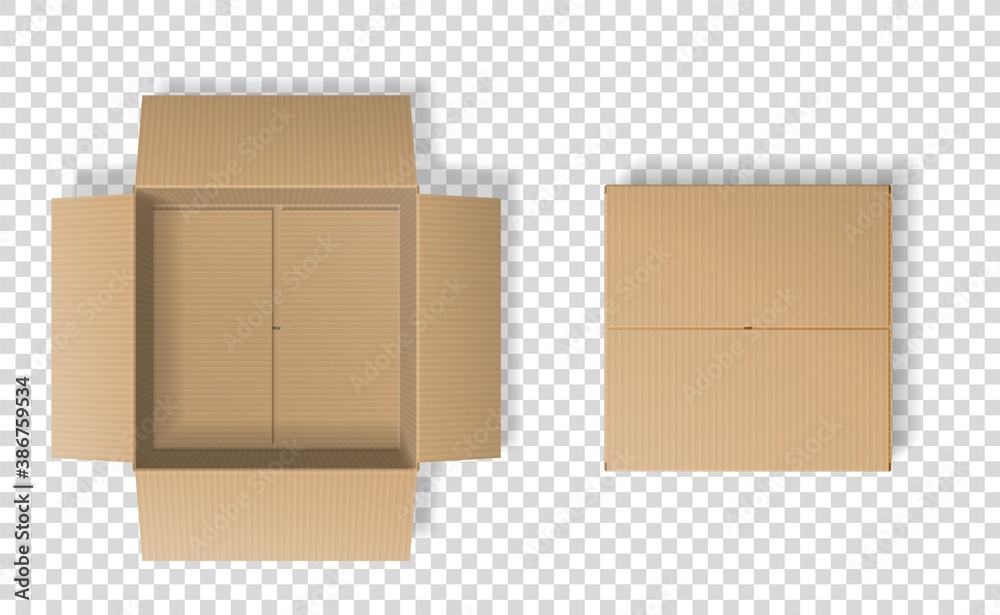 Wall mural realistic cardboard box set, opened and closed top view