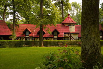 Fototapeta premium fairy tale cottage house in forest wood land landscaping garden peaceful nature environment space beautiful architecture object scenery