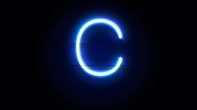 Neon font letter C uppercase appear in center and disappear after some time. Animated blue neon alphabet symbol on black background. Looped animation.