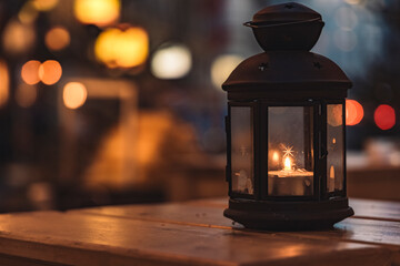 soft focus Christmas lantern evening illumination object on table with warm lighting background bokeh blurred